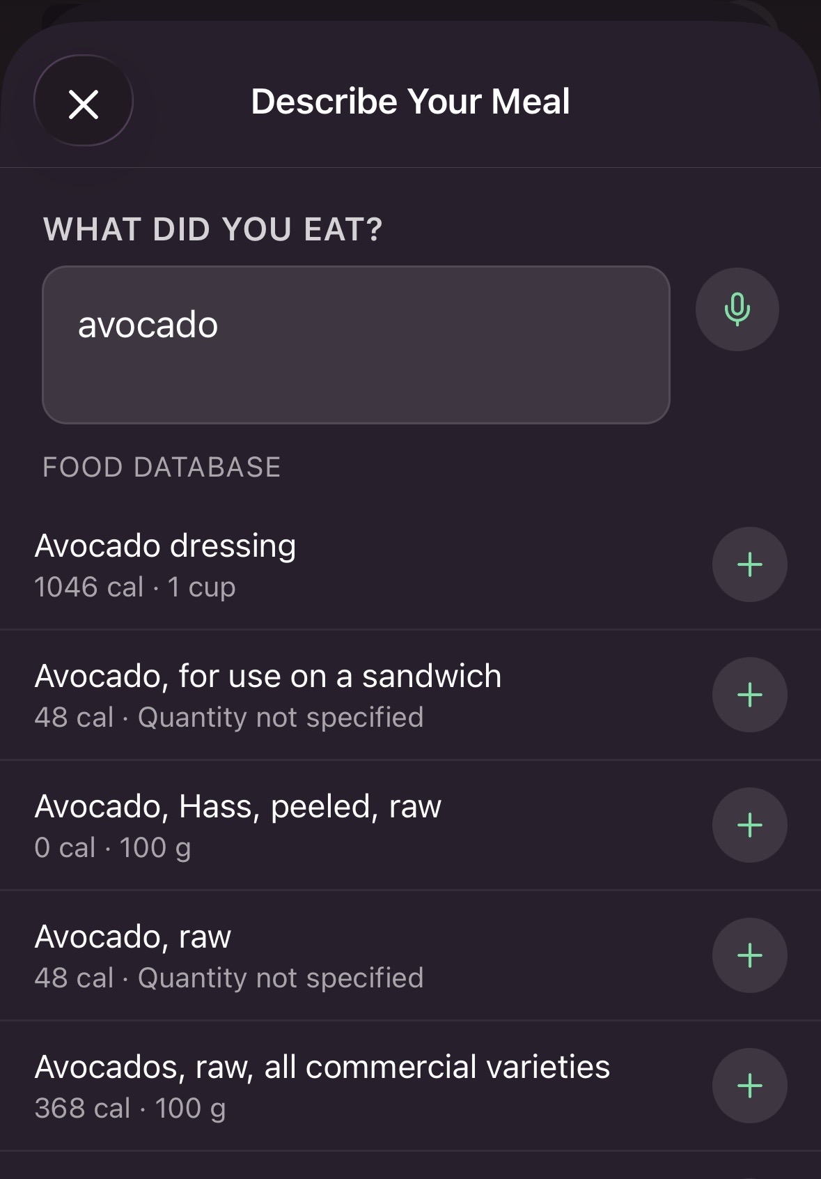 Manual food entry form